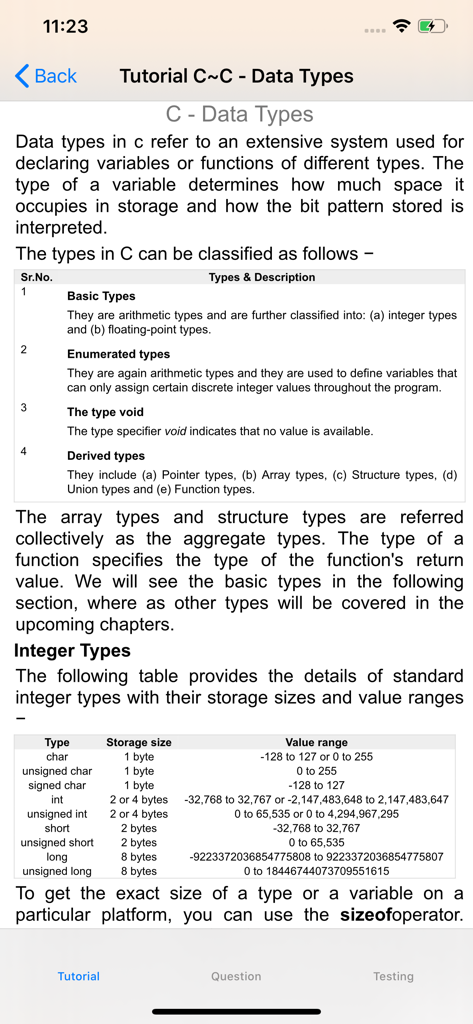Pantalla de tutorial de programación en C que muestra una tabla de tipos de enteros, tamaños de almacenamiento y rangos de valores