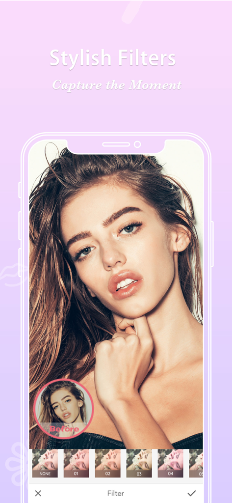 Interfaccia dell'app FotoRus che mostra filtri fotografici eleganti applicati al selfie di una donna