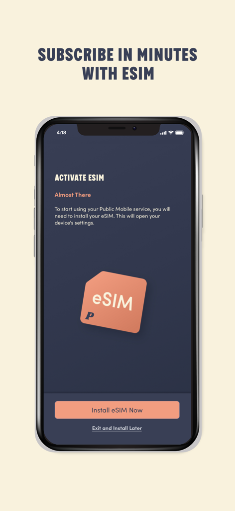 Pantalla de la aplicación Public Mobile que muestra el proceso de activación de eSIM con un botón de instalación