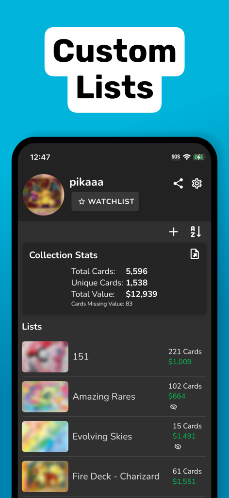 DittoDex app screenshot displaying custom Pokemon card lists and total collection value stats