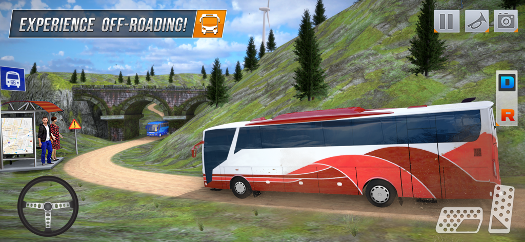 Bus Games : Driving Master 3D - Red bus driving on a mountain dirt road in a simulation game