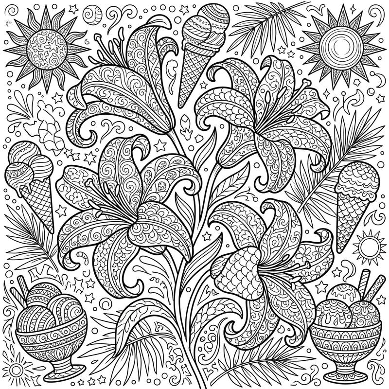 Immerse yourself in summer's beauty with this intricate Zentangle coloring page featuring elegant lilies. Discover a delightful array of suns, ice cream, and palm leaves, perfect for a meditative and vibrant coloring experience.