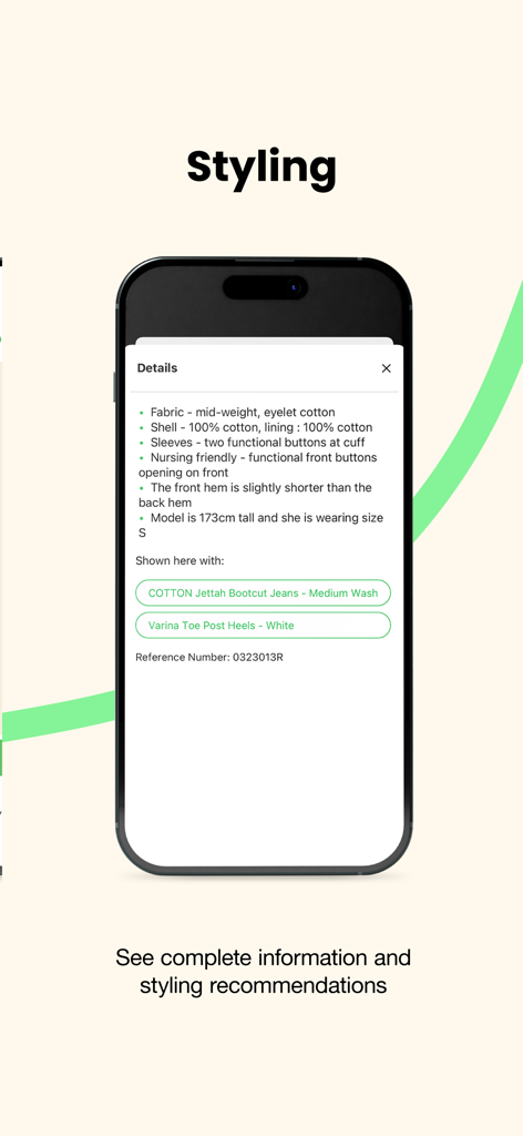 Schermata dell'app POPLOOK che mostra informazioni dettagliate sui capi e consigli di stile per la moda modesta.