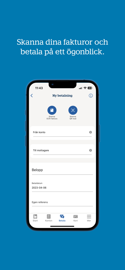 Um smartphone exibindo a tela de digitalização de faturas e novo pagamento do aplicativo de banco empresarial Handelsbanken SE Företag.