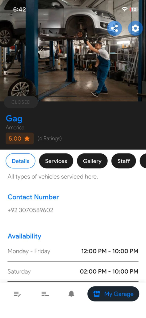 Mechanic Connect – Garage - Page de profil d'entreprise dans l'application Mechanic Connect affichant les détails du garage et les heures d'ouverture