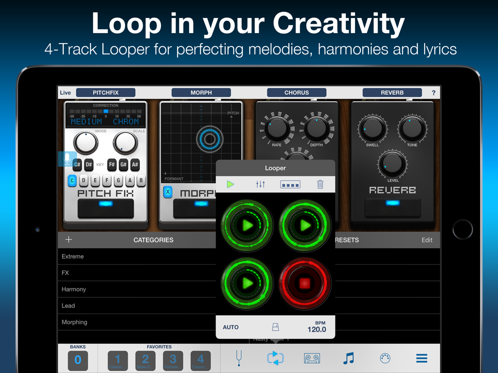 Interfaz de VocaLive CS para iPad mostrando la superposición del looper de 4 pistas y pedales de efectos vocales como Pitch Fix y Reverb