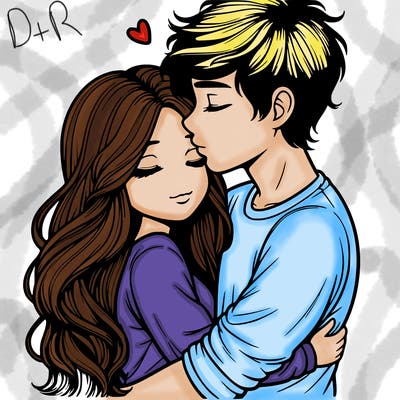 a realistic couple boy and girl hugging and kissing