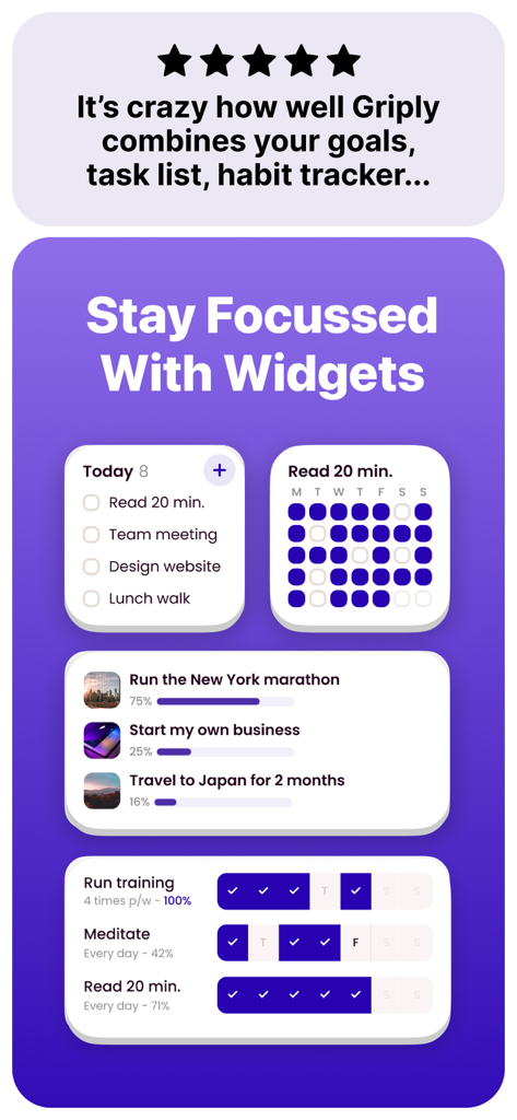 Goal Tracker: Griply - Griply app interface displaying various home screen widgets for tracking goals habits and tasks