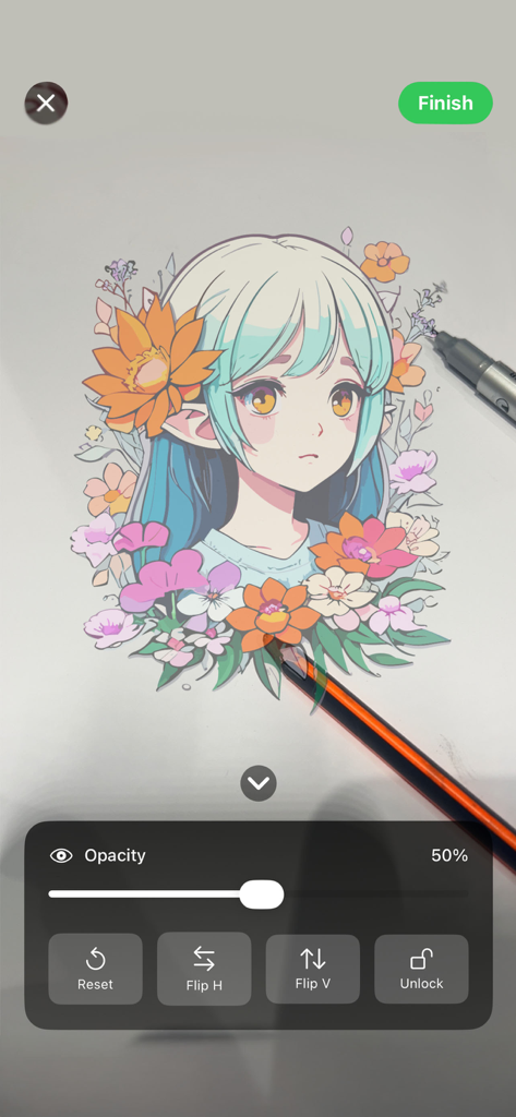 AR Drawing: Trace to Sketch - Una persona usando la aplicación AR Drawing para trazar la ilustración de una chica de anime sobre papel con un lápiz.