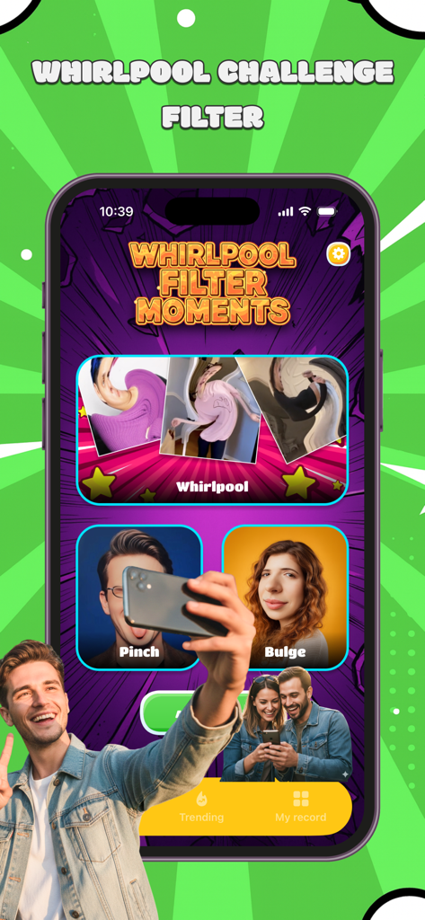 Mobile app interface of Whirlpool Challenge Filter showing different video effects like Whirlpool Pinch and Bulge