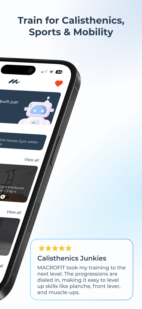 Macrofit App Benutzeroberfläche für Calisthenics-Training mit Nutzerbewertung