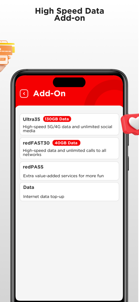 redONE Prepaid app interface showing high-speed data add-on plans including Ultra35 and redFAST30 options