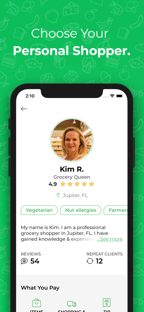Dumpling Grocery - Profile page of a personal shopper on the Dumpling app showing ratings and specialties