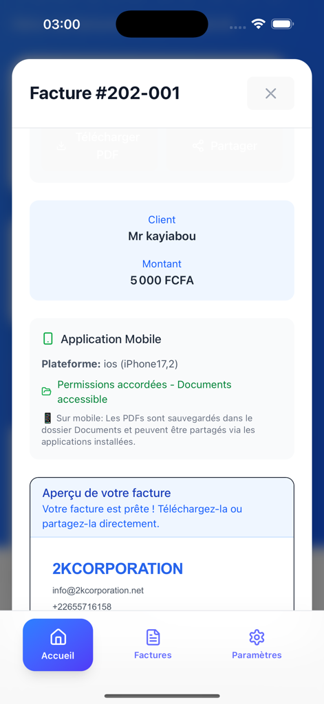 FACTURA PRO - Professional invoice preview screen on the Factura Pro mobile app showing client details and amount