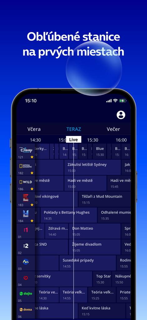 O2 TV SK application - O2 TV SK mobile app interface showing a live TV program guide and channel schedule
