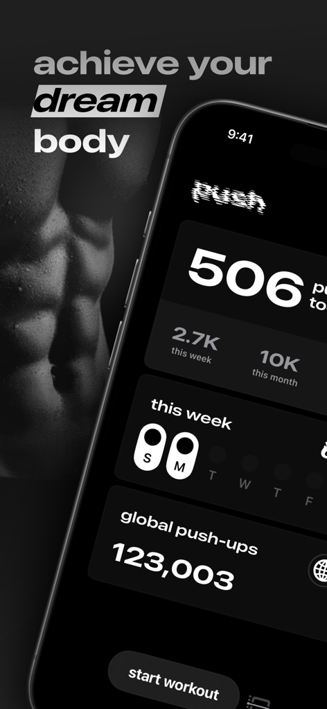 The pushr app dashboard displaying daily push-up statistics, weekly progress, and a global push-up counter in a sleek dark mode interface.