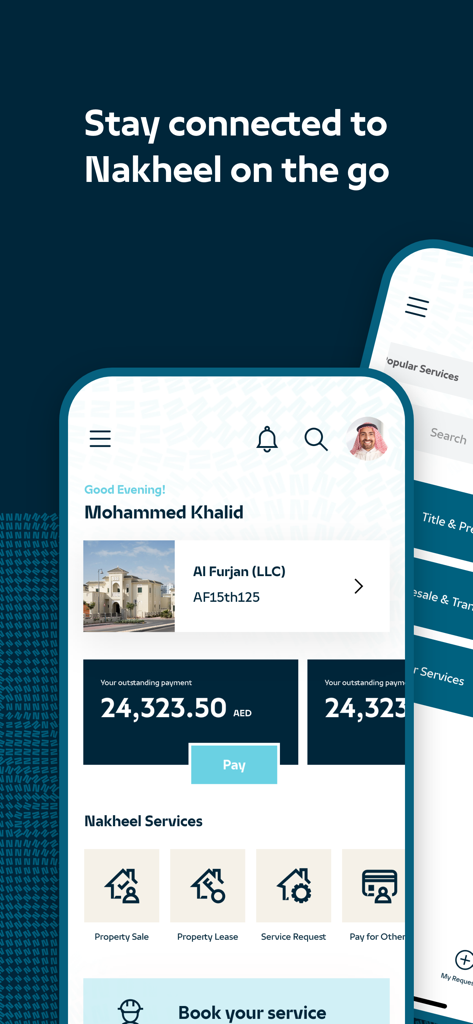 My Nakheel - My Nakheelモバイルアプリのダッシュボード。物件情報とサービス支払いオプションを表示。