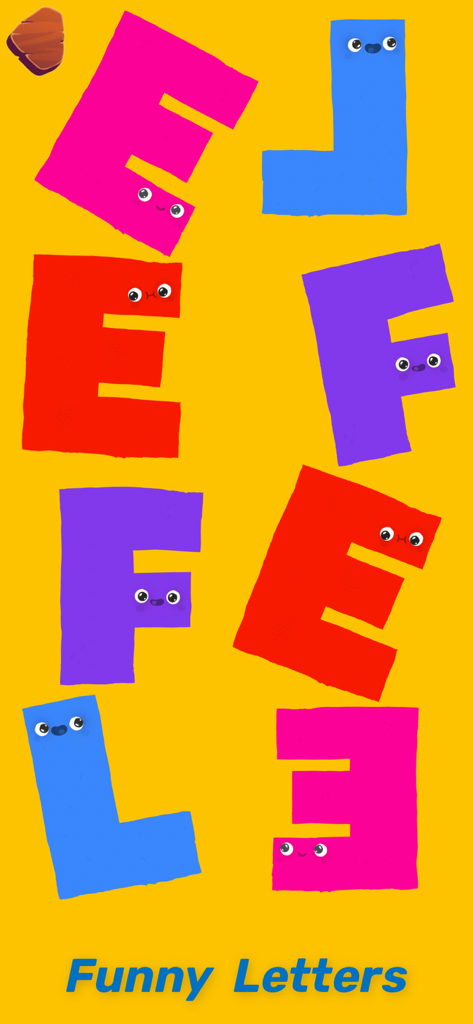 Antistress Relaxing Games,Toys - Colorful cartoon letters with cute smiling faces on a bright yellow background labeled Funny Letters