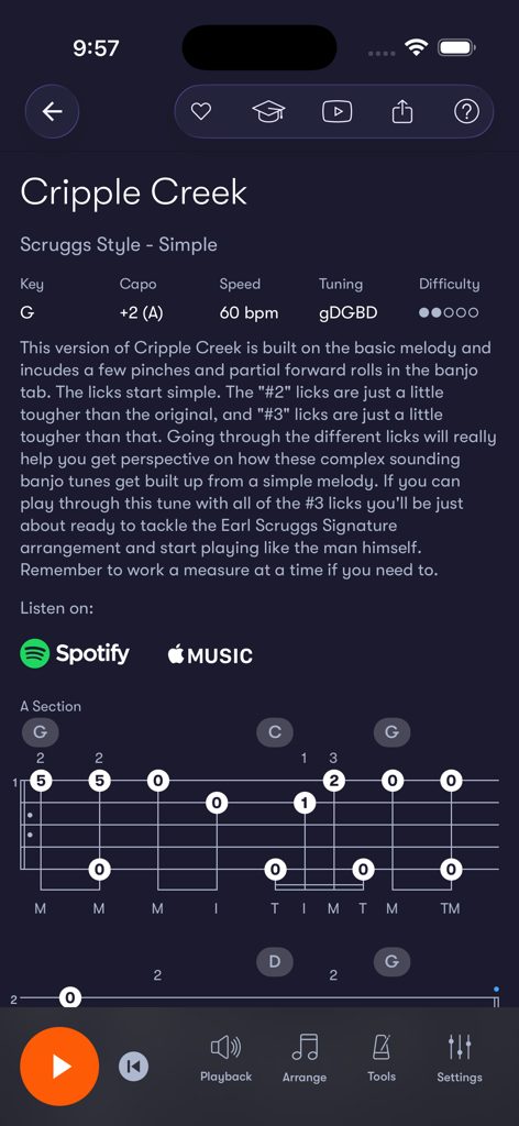 Tunefox - Tunefox mobile app screen displaying a banjo lesson for Cripple Creek in Scruggs style with musical tablature and practice settings.