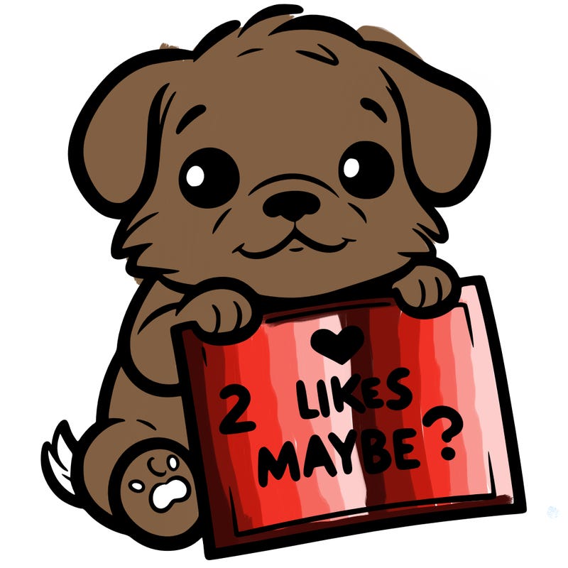 a puppy holding a sign that says 2 likes maybe?