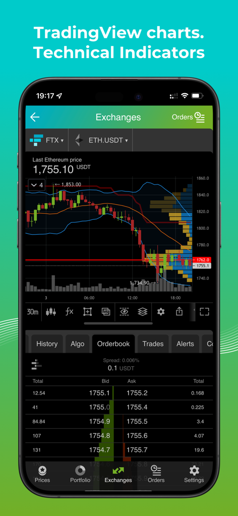 Good Crypto: Exchange Manager - App Good Crypto che mostra grafici TradingView e indicatori tecnici per il trading di criptovalute
