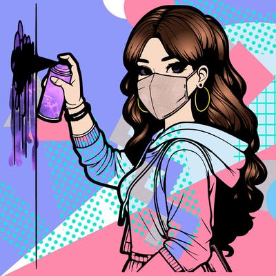 realistic girl with mask spray painting a wall