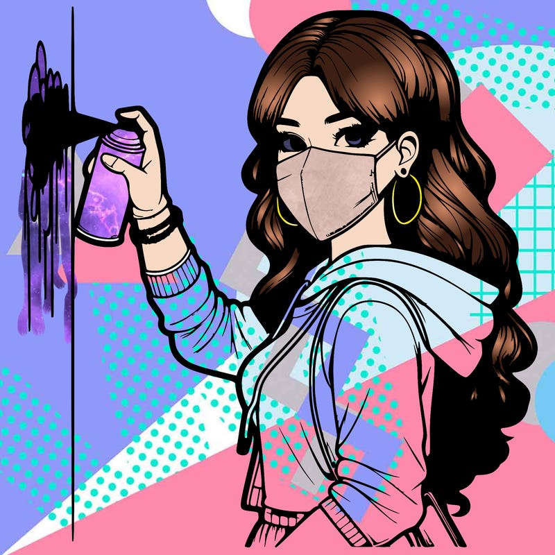 realistic girl with mask spray painting a wall