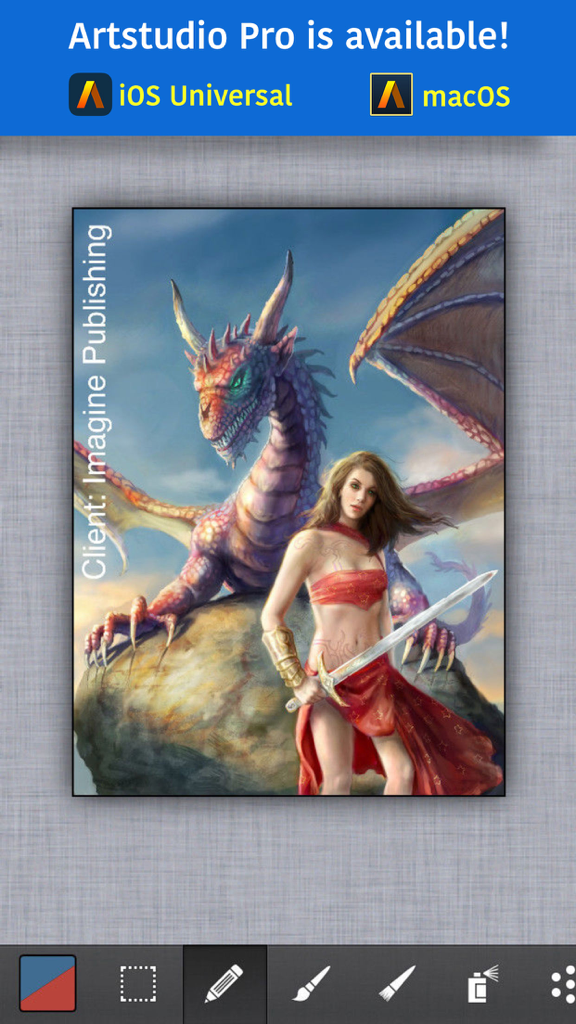 ArtStudioアプリで作成された戦士の女性とドラゴンのデジタルペインティング