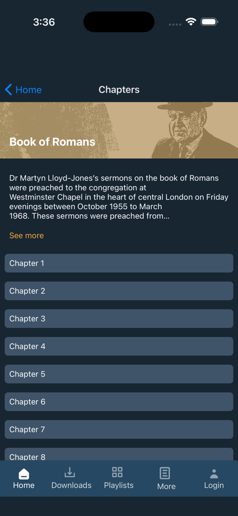 MLJ Sermons: Bible Teaching - MLJ Sermons app interface showing chapters for the Book of Romans teaching series