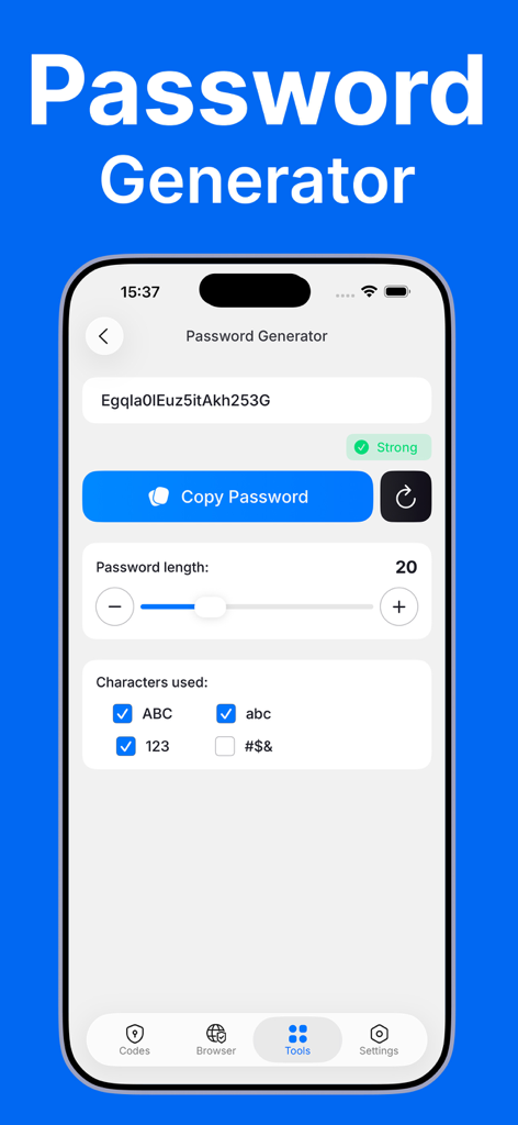 パスワードジェネレーター機能のインターフェイス。長さと文字タイプのカスタマイズオプションを表示。