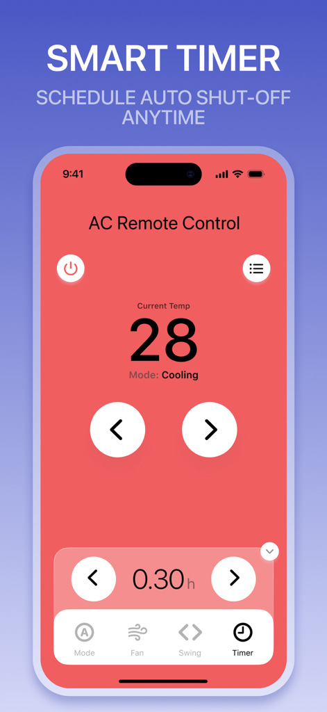 Universal AC Remote Control . - スマートタイマーと温度設定を示すユニバーサルACリモートコントロールアプリの画面