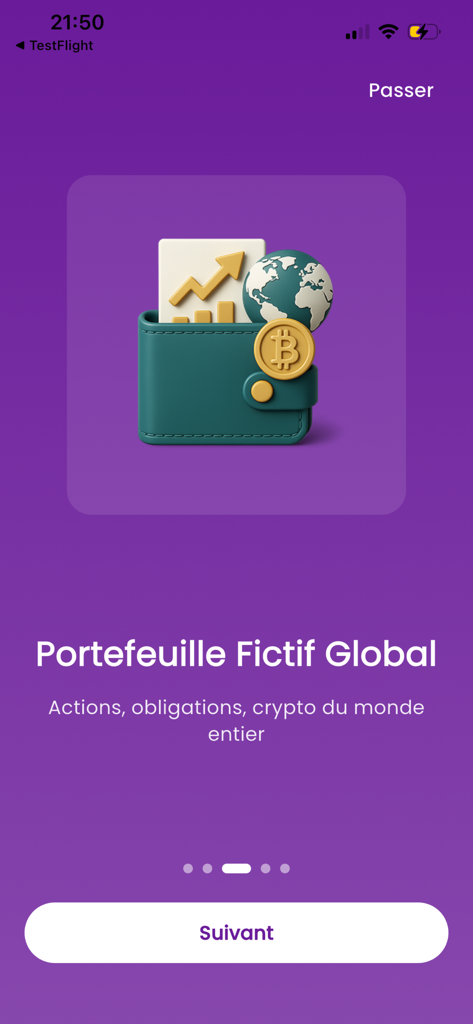 PlayInvest.HD - PlayInvest.HD onboarding screen for global fictional portfolio with stocks and crypto