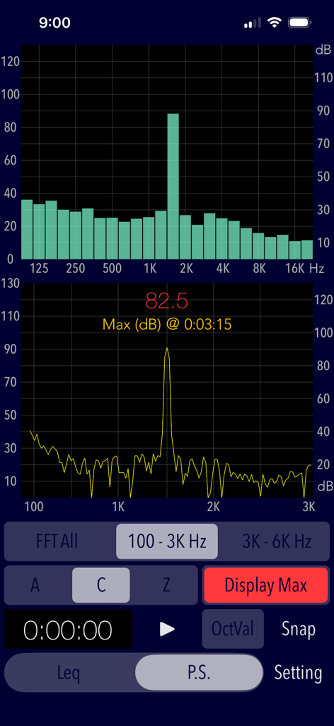 Sound Level Analyzer - Interface de l'application Sound Level Analyzer affichant en temps réel des graphiques du spectre de fréquence FFT et RTA