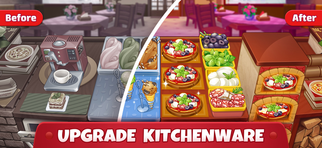 Cooking Madness-Kitchen Frenzy - Comparação de antes e depois de equipamentos de cozinha e ingredientes atualizados no Cooking Madness
