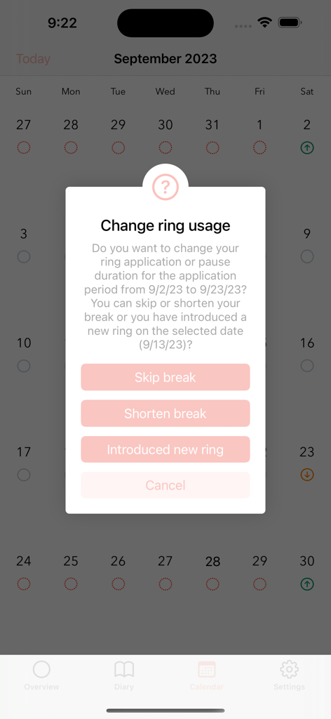 Tela do aplicativo MyRing exibindo um menu pop-up para alterar as opções de uso do anel contraceptivo com opções para pular ou encurtar intervalos