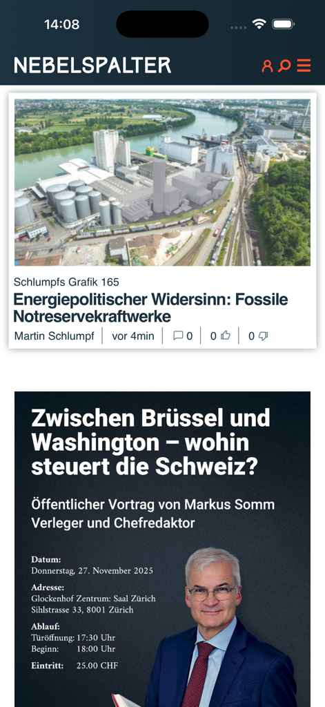 Nebelspalter - Nebelspalter mobile app interface featuring Swiss news articles and a lecture announcement by Markus Somm