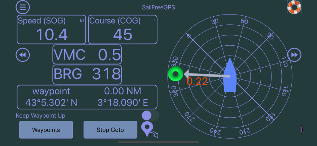 SailFreeGPS - SailFreeGPS app screenshot showing nautical navigation data including speed course and waypoint tracking