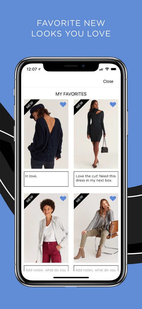 DAILYLOOK - DAILYLOOK app My Favorites screen showing curated fashion looks and user notes