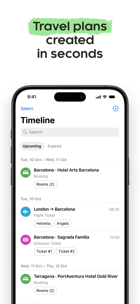 Folio: Digital Wallet App - Uno screenshot dello smartphone dell'app Folio che mostra una cronologia di viaggio organizzata cronologicamente con prenotazioni di hotel e biglietti aerei.