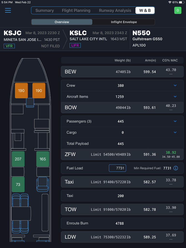 Weight and balance overview screen for a Gulfstream G550 aircraft in the iPreFlight Genesis Dispatch app