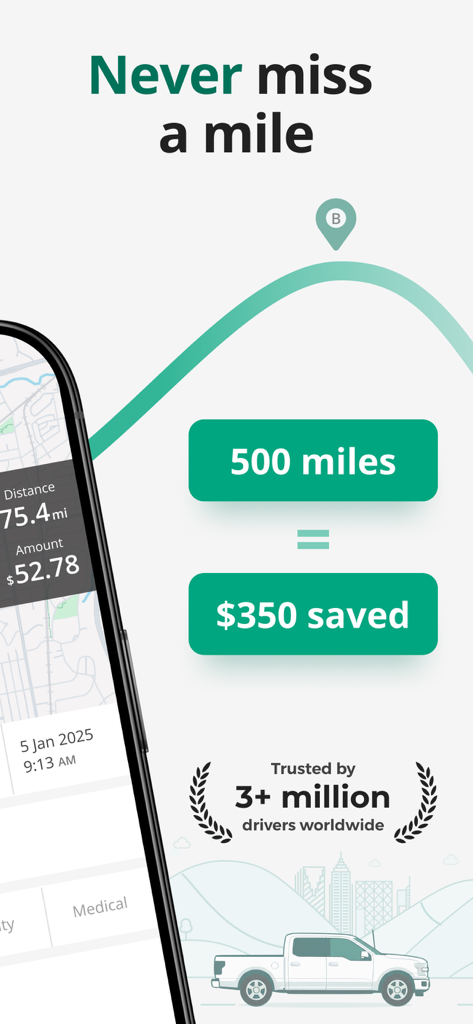 Mileage Tracker by Driversnote - Driversnote app screen showing 500 miles tracked resulting in 350 dollars saved with automatic mileage logging