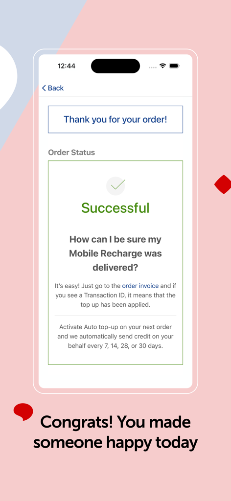 MobileRecharge: Top up mobiles - Pantalla de confirmación de transacción exitosa de la aplicación MobileRecharge con una marca verde y un mensaje de agradecimiento.