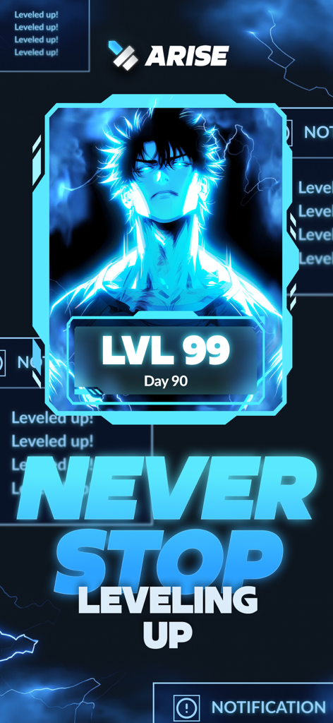 An anime style character glowing in blue with a level 99 indicator on the Arise fitness app screen