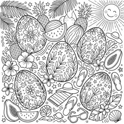 Discover a delightful fusion of seasons with our Floral Easter Eggs and Summer-themed coloring page. Intricate egg designs are nestled among tropical fruits and sunny beach essentials, perfect for a relaxing creative escape.