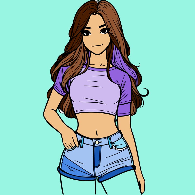 teenage girl with a crop top short shorts and long hair realistic