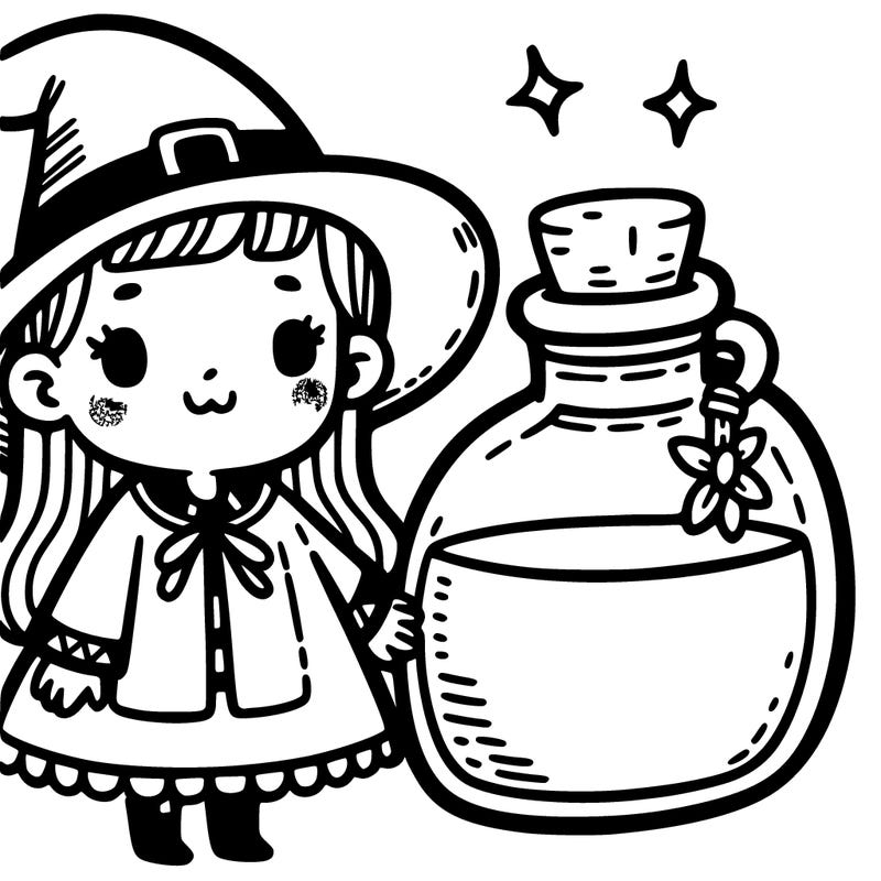 a girl with a small witch hat and a potion bottle in her hand