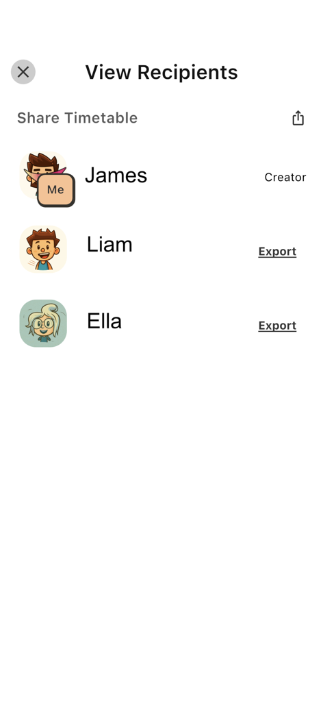 TokTok Timetable - A list of recipients to share or export a school timetable with avatar icons