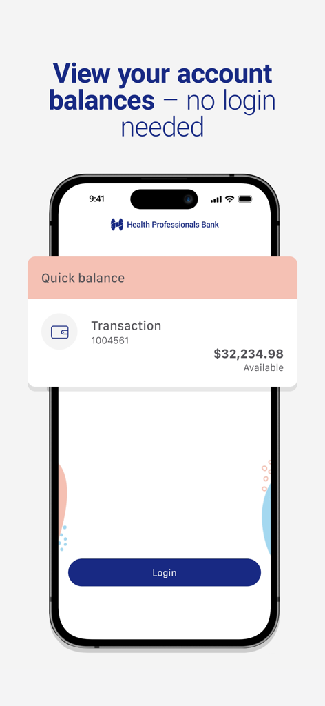 Quick balance feature on the Health Professionals Bank mobile app screen showing account balances without logging in