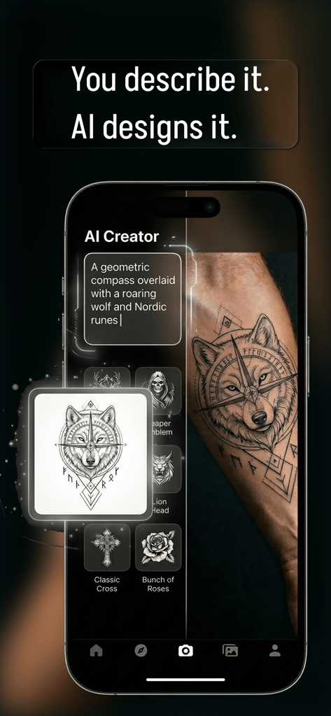 Interfaz de la aplicación Tattoo Try que muestra un diseño de tatuaje de lobo y brújula generado por IA en un antebrazo