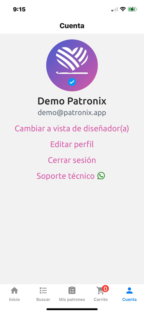 Patronix - Pagina del profilo utente dell'app Patronix che mostra i dettagli dell'utente e il menu di navigazione.